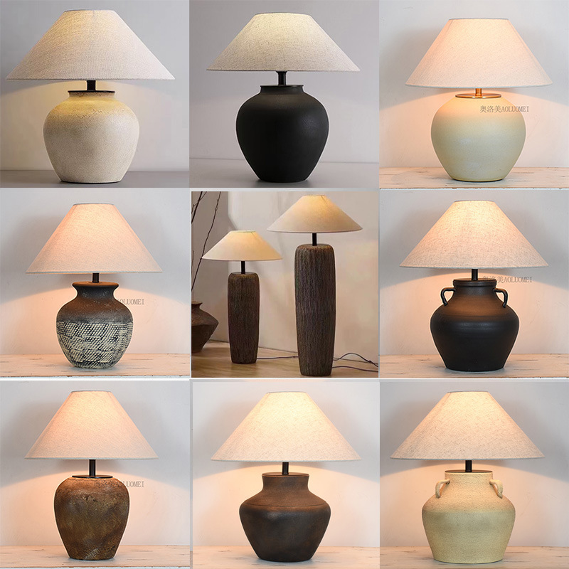 Japanese Wabi-Sabi Style Earthenware Table Lamp Chinese Style Coarse Ceramic Living Room Hotel B&B Designer Bedroom Bedside Lamp Decoration