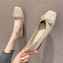 韓式春季新品溫柔淑女風軟面軟底淺口單鞋女百搭個性方頭低跟瓢鞋