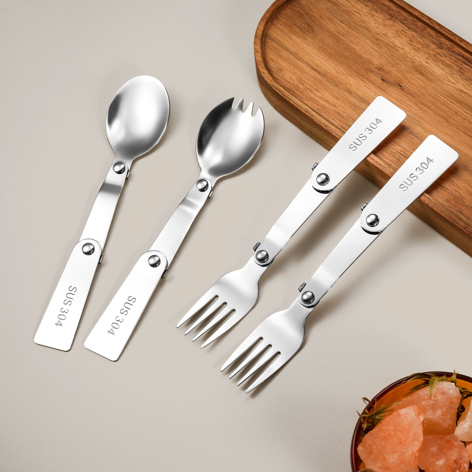 Cuchara y Tenedor Plegable Portátil 304 de Acero Inoxidable 304 para Campamento al Aire Libre