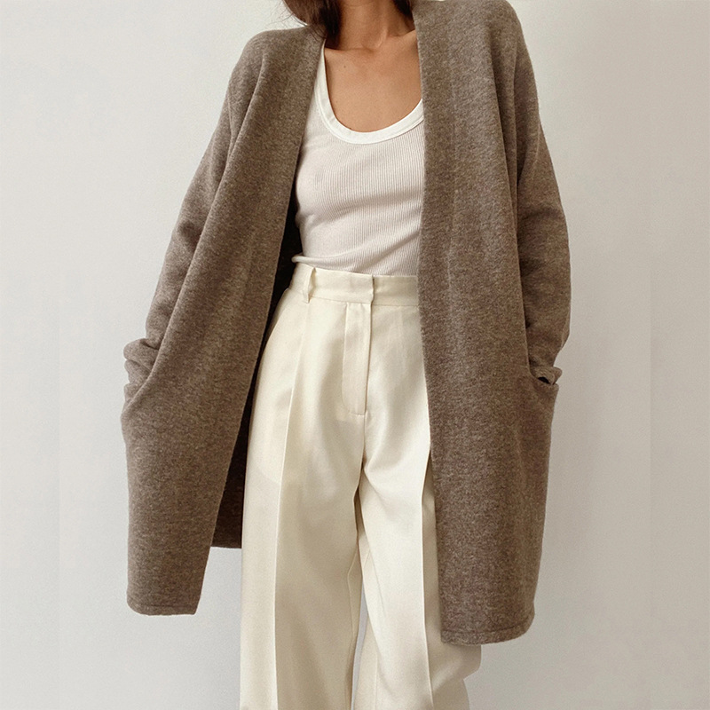 Elegante einfarbige Strickjacke für Damen – Weicher Pullover aus Acrylstrick mit offener Vorderseite – Modeoberbekleidung für Herbst und Winter in Braun, Beige, Grau und Schwarz_voghion.com
