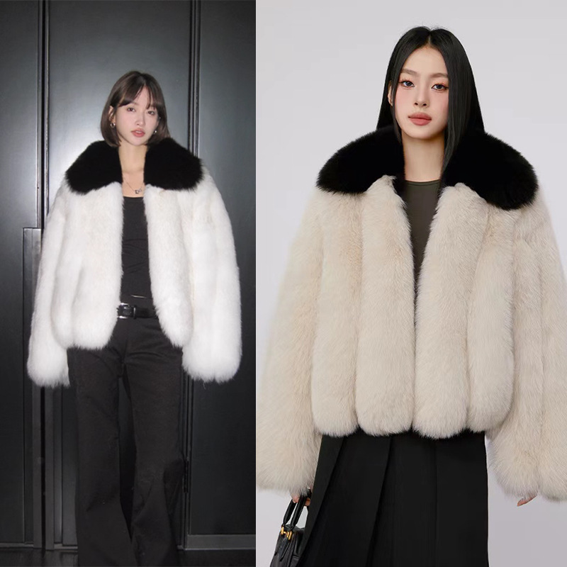 2024秋冬款竖条拼领仿皮草外套宽松休闲时尚百搭短款外套