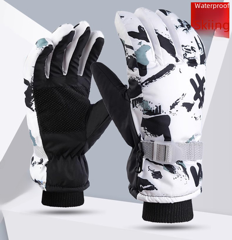 Winter Men's and Women's Cold-proof Fleece-lined Thickened Cotton Waterproof Non-slip Warm Riding Outdoor White Graffiti Ski Gloves_maomaolike.com