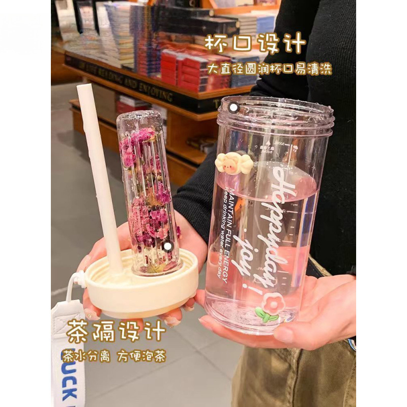 新款水杯耐高温女生可爱高颜值茶水分离吸管塑料双饮杯子|undefined