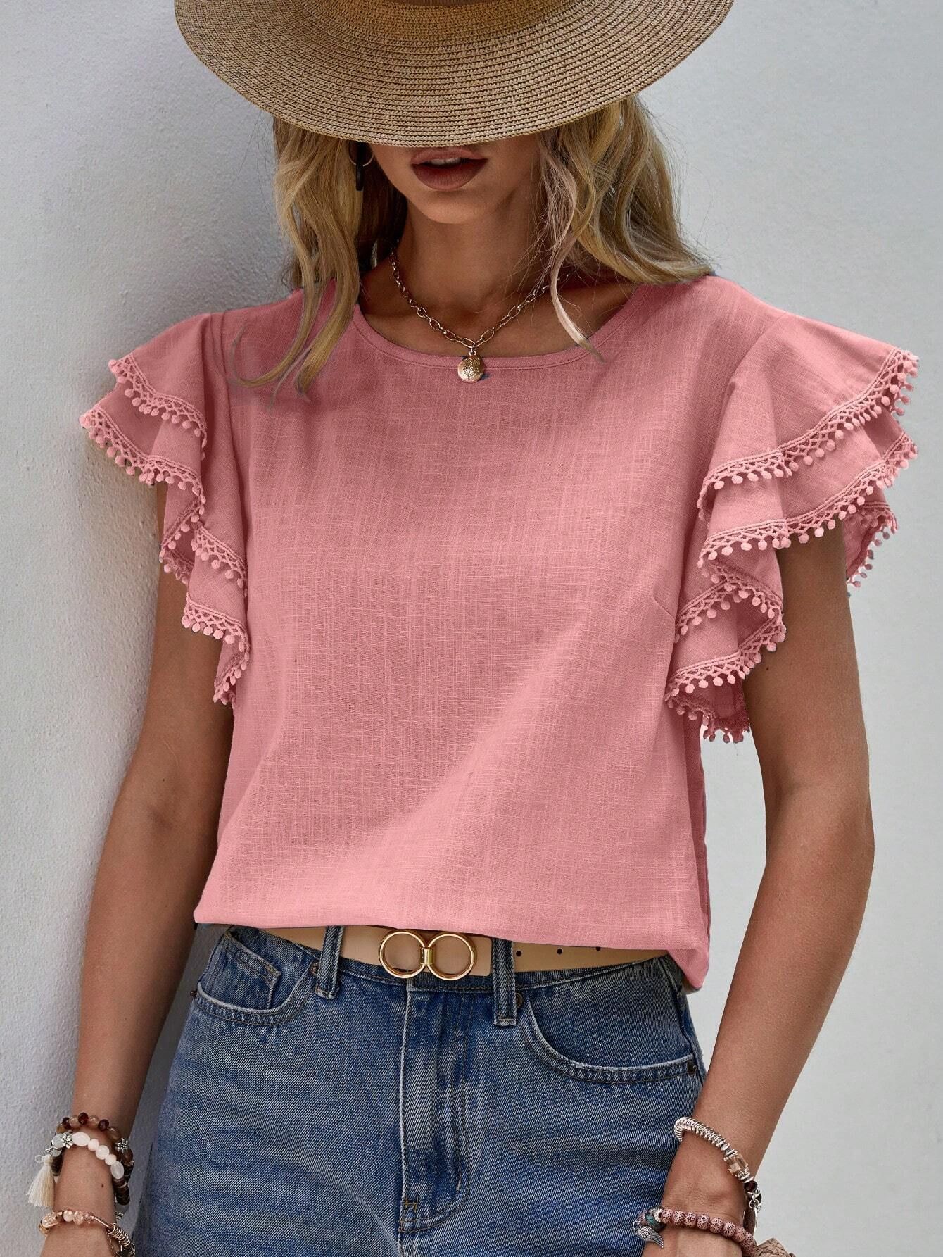 238g Weight Short Sleeve Sleeve Length Pullovers Placket Type Flounce Sleeve Sleeve Type Polyester Fabric Type Regular Top Length T-shirt Tops Type Holiday, Daily Occasion Round Neck Neckline Loose Fit Type Solid Color Pattern Summer Season Women's Gender Button Design Casual, Elegant Style Wholesale Women's Casual Elegant Solid Color Short Sleeve Button Blouses 5