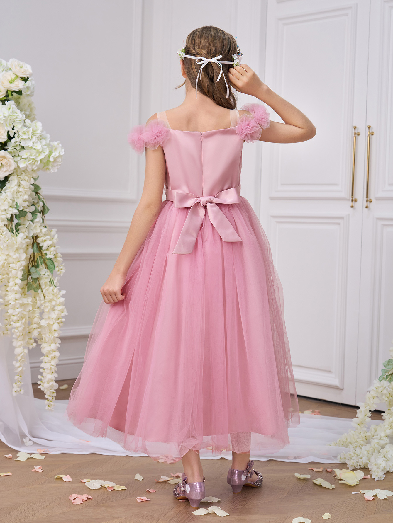 Nuevo vestido de niños grandes un hombro vestido de niña floral vestido de red vestido de princesa vestido de cumpleaños vestido de desfile