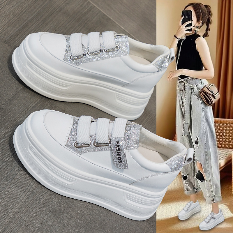 Niche Height-Increasing White Sneakers for Women 2025 Spring and Autumn Thick-Soled Platform Women's Shoes with Velcro and Rhinestones Casual Sports Sneakers