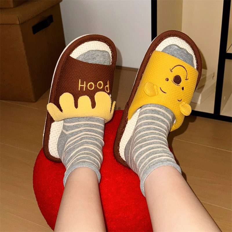 Fun Cartoon Winnie the Pooh Men Women Spring Summer Cotton Linen Slippers Bedroom One-Line Couple Fashion Plaid Floor Shoes