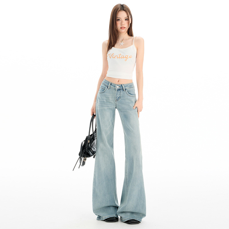 Light Blue Low-Waist Micro-Flared Jeans for Women 2025 New Elastic Slimming Look Floor-Length Sexy Versatile Bell-Bottom Pants