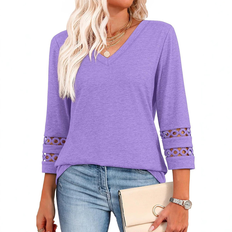 2025 new European and American fashion loose V-neck three-quarter sleeve women's 2025 new knit casual top with cut-out design