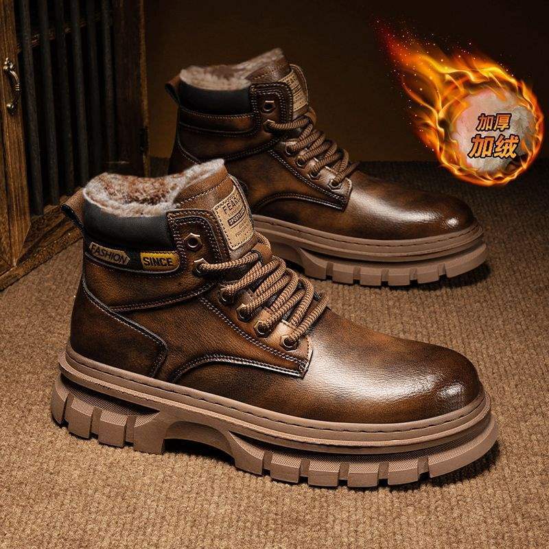 Boots Men's Winter 2025 New High-Top British Style Non-Slip Work Boots Men's Velvet Warm Large Size Cotton Boots