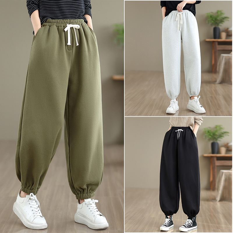 新款 秋冬松紧腰色简约百搭宽松显瘦棉加厚加绒哈伦裤女黑色