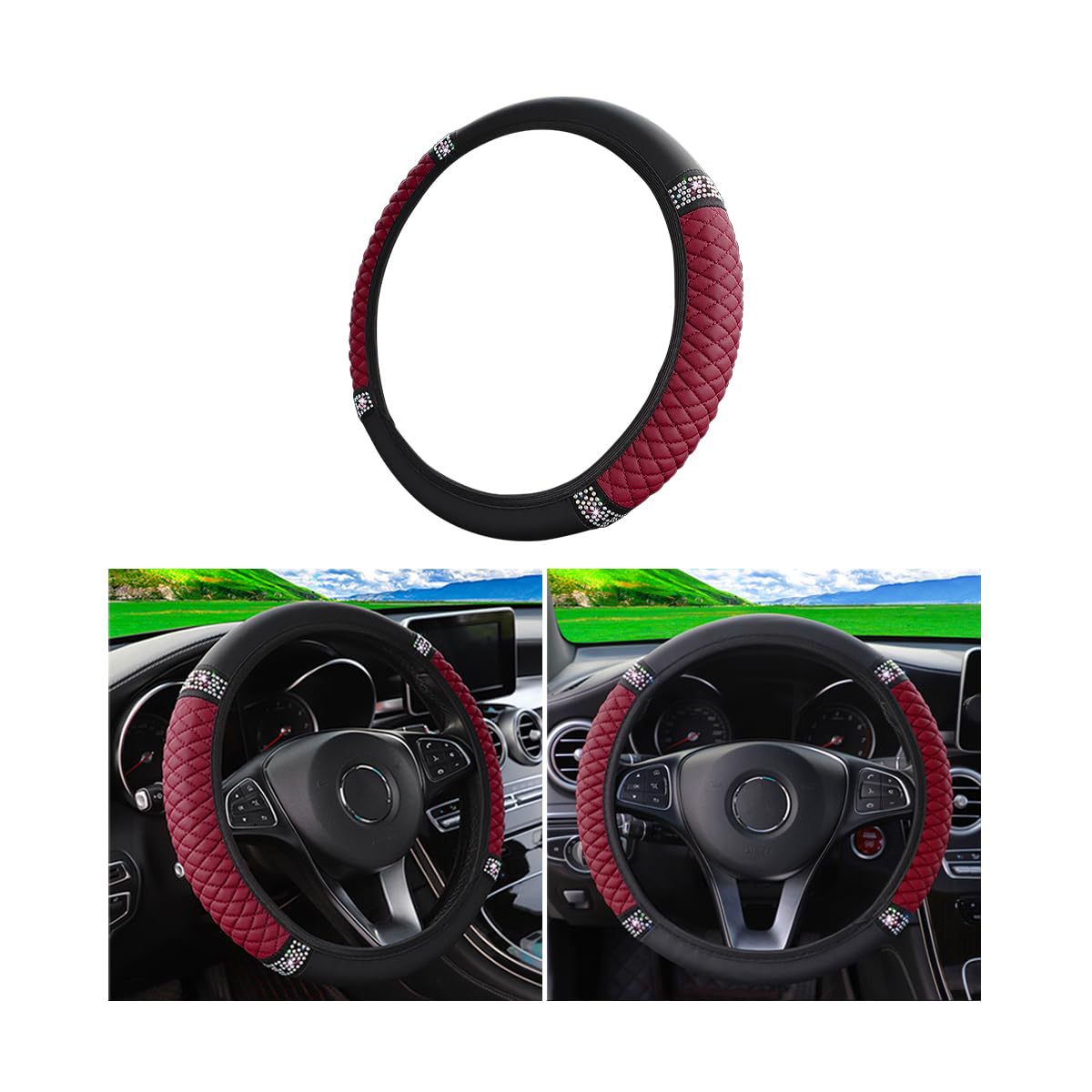 Factory Direct Sales Cross-Border Colorful Rhinestone Car Steering Wheel Cover, Leather Three-Dimensional Interior Handle Cover Without Inner Ring