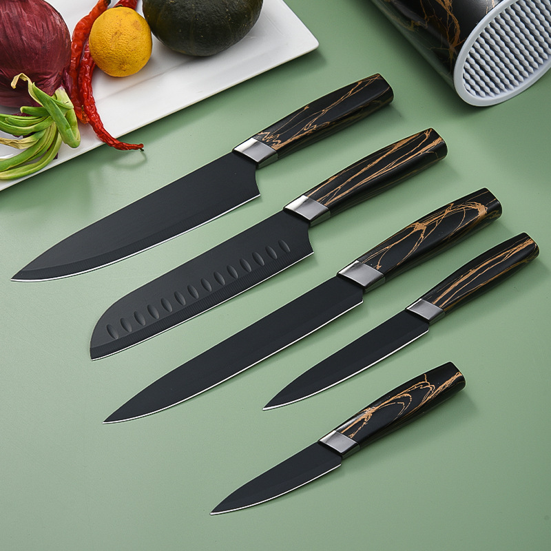 Amazon acero inoxidable hoja negra seis piezas juego antiadherente aprobación de mármol con cuchillo cocina cocinero