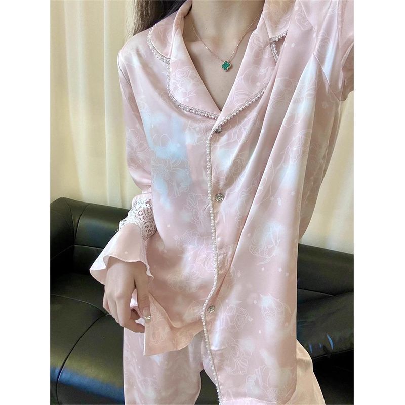 温柔风高级感冰丝绸开衫睡衣女春秋2025新款蕾丝长裤套装家居服女|undefined