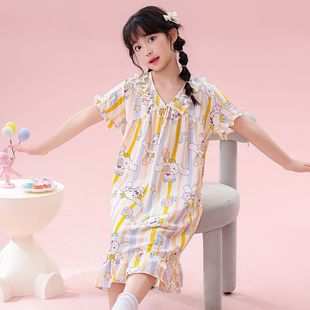 Girls Thin Nightgown Summer 2025 New Kidsren's Skirt Pajama Dress Medium and Large Kidsren's Girl Dress Home Clothes