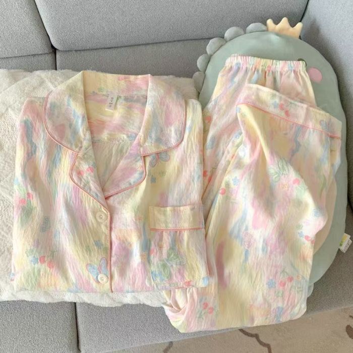 Pijamas de algodón nubes al por mayor transfronterizos primavera y otoño nuevos pantalones de manga larga de dibujos animados cardigan se pueden usar con ropa de casa
