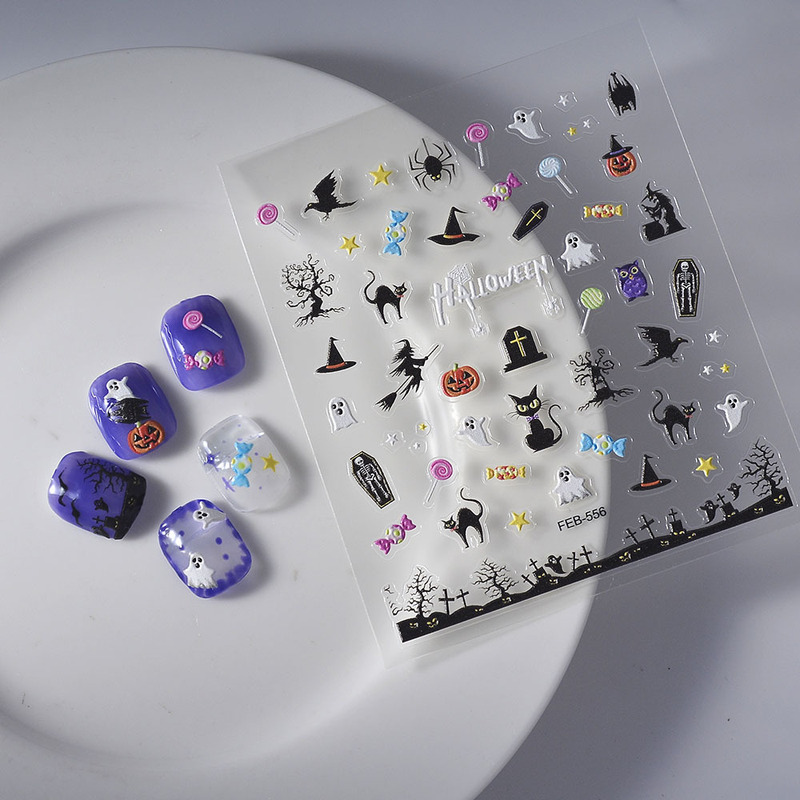 New 5D funny elf nail sticker Halloween pumpkin relief sticker bat manicure jewelry factory wholesale