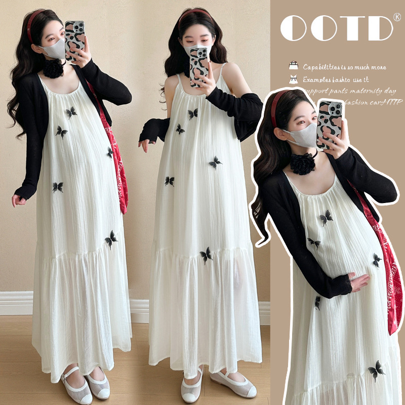 Maternity Wear 2026 Summer New Large Size Korean Style Fashionable Sweet Youthful 3D Butterfly Suspender Dress + Sun Protection Cover