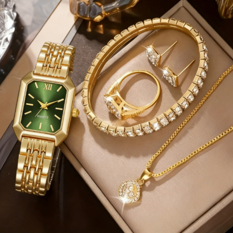 Foreign Trade Cross-Border Popular Women's Watch Set, Five-Piece Set with Diamond-Encrusted Women's Watch, Ladies' Fashionable Square Quartz Watch