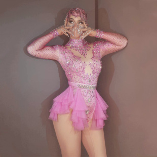 Singer Dance Sexy Shiny Rhinestone Elastic Slimming Look Pink Mesh Jumpsuit Stage Performance Costume Female Cross-border