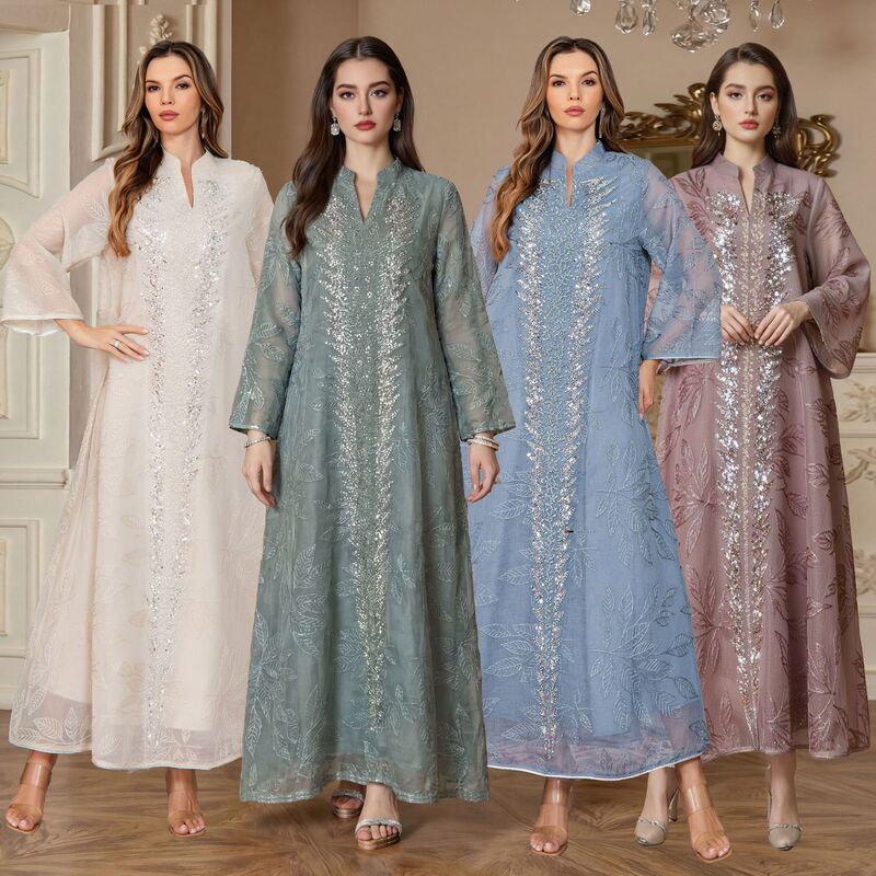 Cross-Border Hot-Selling In-Stock Mesh Full-Body Embroidered Robe Kaftan Factory Wholesale New Sequined Heavy-Duty Robe