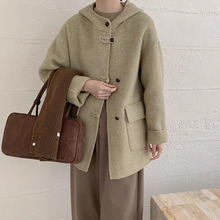 高级感中长款简约单排扣双面羊毛大衣加厚羊绒外套盘扣连帽大衣