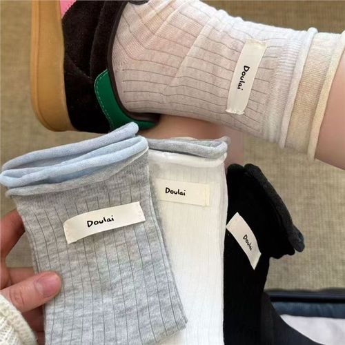 Women's Summer Vertical Striped Solid Color Mid-Calf Socks, Cute and Versatile, Rolled Edge with Fabric Label, Odor-Preventing, Thin and Breathable, Birkenstock Socks