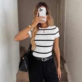 欧美2025爆款休闲百搭印花舒适透气紧身圆领短袖修身T恤
