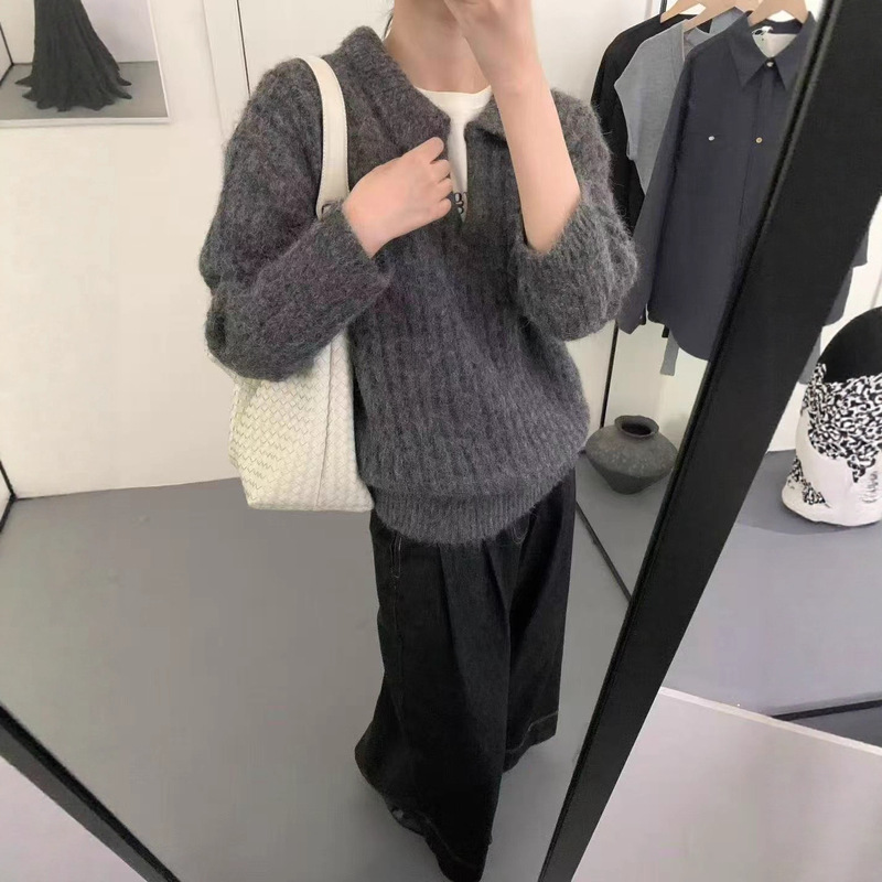 外贸新款复古简约长驼毛翻领设计感休闲加厚套头毛衣女基础款套衫|undefined