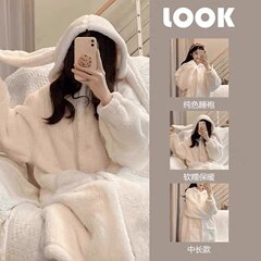 睡衣女秋冬兔子耳朵学生连帽卡通新款珊瑚绒睡袍浴袍家居服可外穿