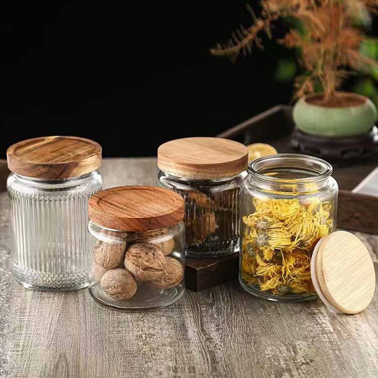 新款木盖玻璃制品500ml700ml厨房收纳花茶糖果玻璃瓶密封玻璃罐
