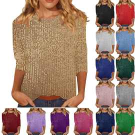 亚马逊eBay跨境欧美女士通勤亮片七分袖宽松圆领T恤女  15色 现货