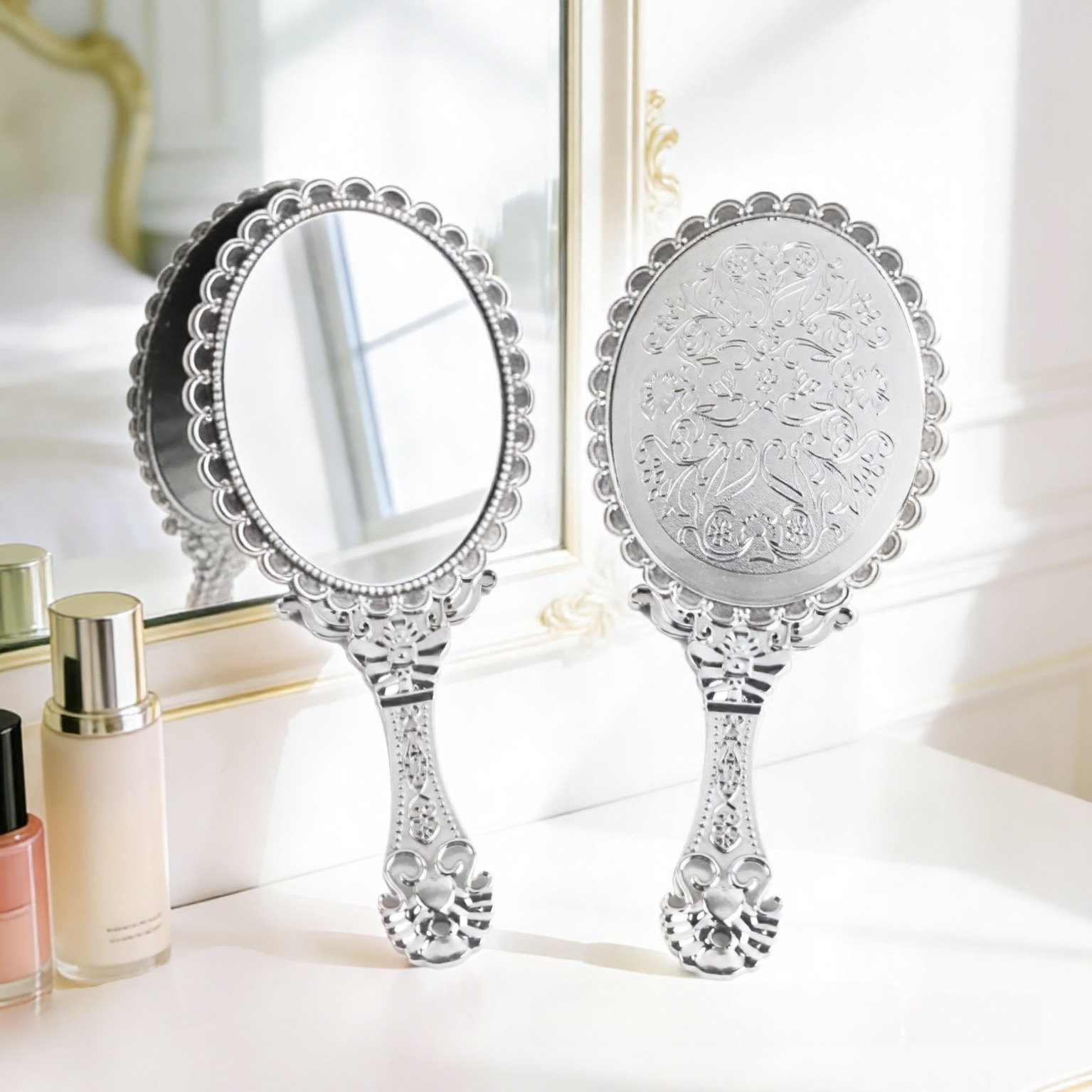 Espejo de encaje retro galvanizado de plástico, espejo de mano, espejo de maquillaje portátil, espejo de vestir antiguo, espejo de vestir creativo image 8