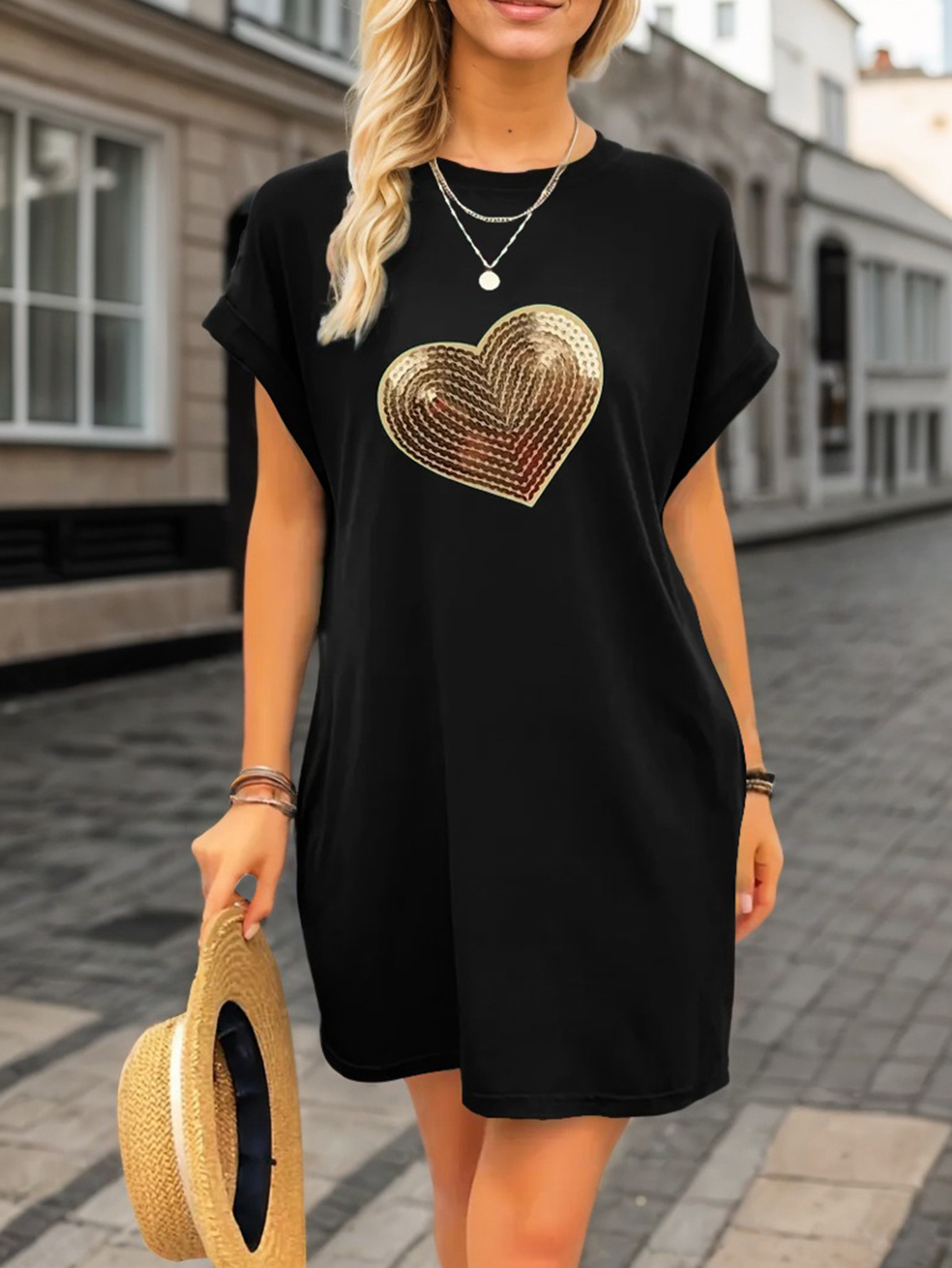 Women Clothing out Heart-Shaped Sequin Embroidery round Neck Casual Short Sleeve Drop Shoulder Sleeve Loose Dress 6 Women Clothing out Heart-Shaped Sequin Embroidery round Neck Casual Short Sleeve Drop Shoulder Sleeve Loose Dress