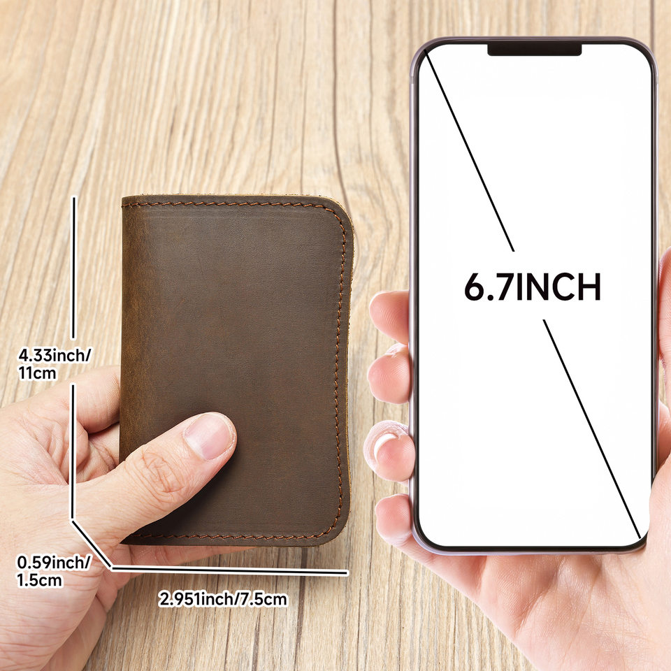 Ví đựng thẻ da bò thật cao cấp kiểu dáng sáng tạo đường chỉ nổi — Ngựa điên màu nâu sẫm, con ngựa điên màu nâu