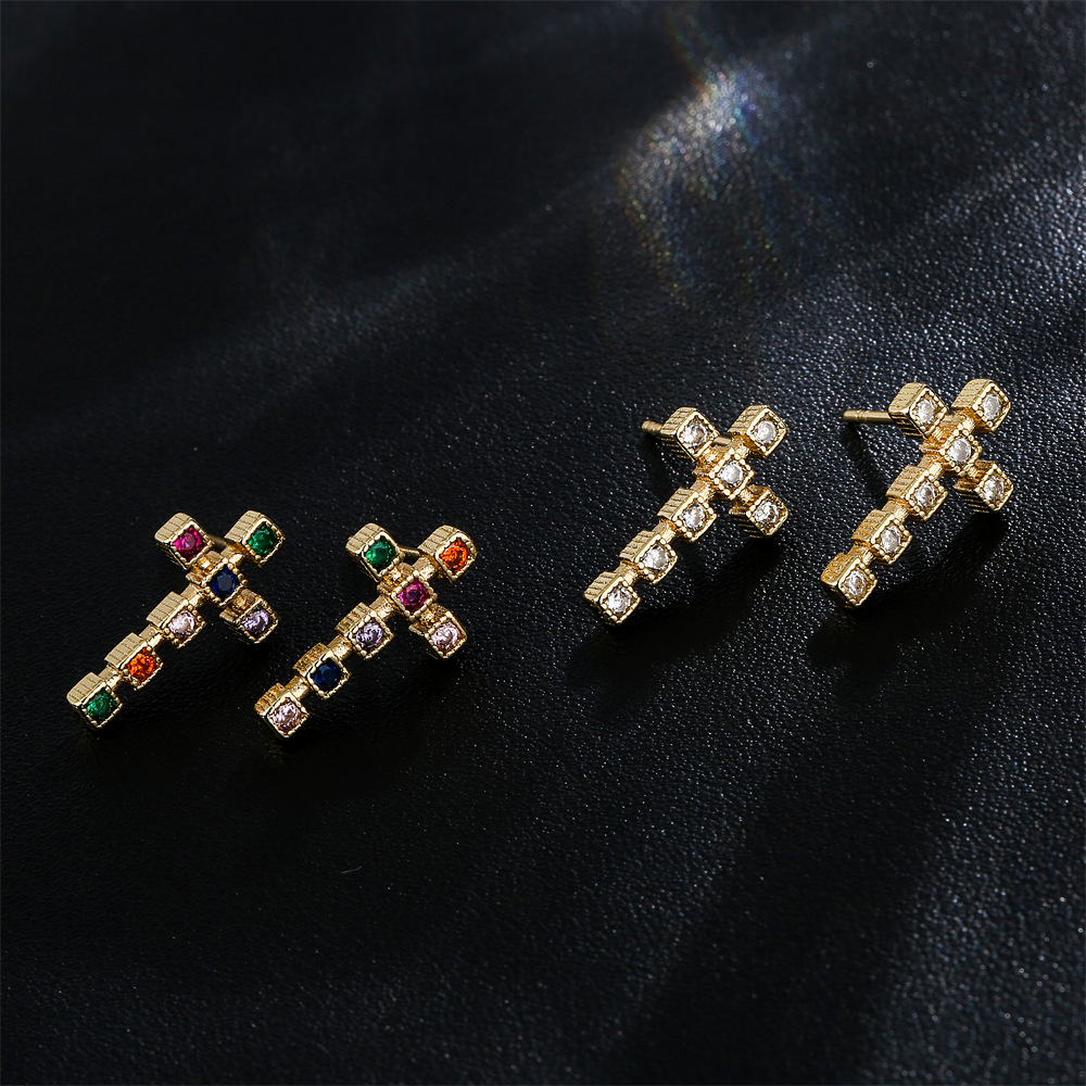 Fashion Copper 18k Gold Three-dimensional Cross Zircon Earrings Female New Stud display picture 4