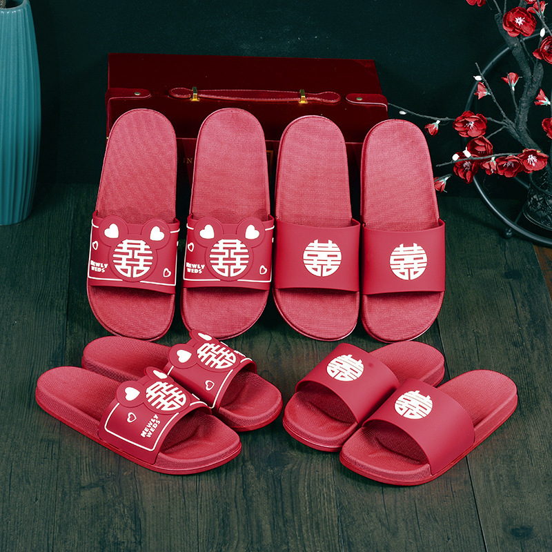 In stock wedding slippers summer festive red couple wedding dowry indoor bath thick bottom couple sandals shoes factory