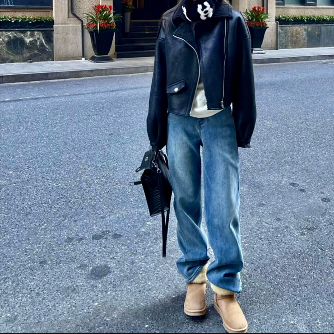 Плюшевый толстый тощий с высокой талией широкие джинсы женские прямые штаны