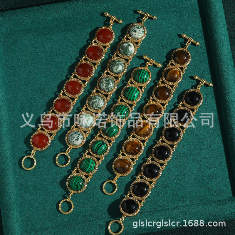 Yongnuo Vintage Jewelry Summer Round Peacock Tiger Moss Green Pattern Tiger Eye Red Agate Black Agate Stone Bracelet for Women