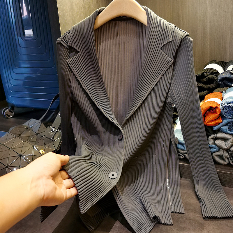 Elegant Commuter-breasted Solid Color Slim-fit Pleated Suit Jacket Women's All-match Slim-fit Long-sleeved Top Autumn New Elegant Commuter-breasted Solid Color Slim-fit Pleated Suit Jacket Women's All-match Slim-fit Long-sleeved Top Autumn New