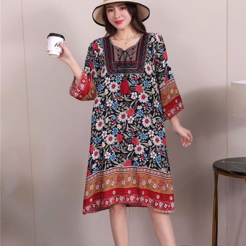 タイ風Aラインコットンワンピース、夏向け、クロスボーダーコットンシルクワンピース、アーティスティックレトロエスニック風婦人服