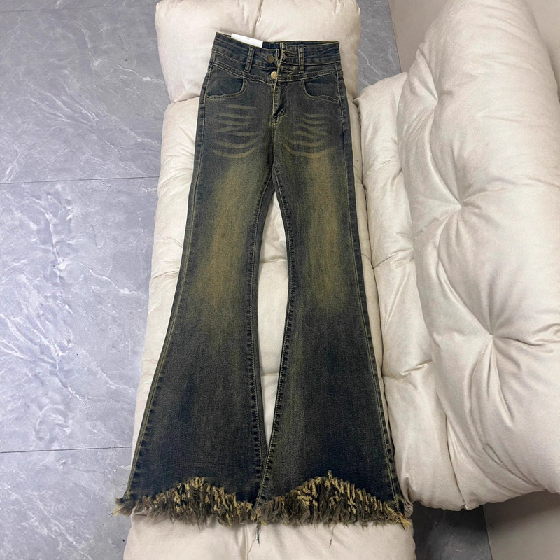 双扣流苏水泥灰微喇牛仔裤女潮流百搭春秋款高腰毛边怀旧拖地长裤|undefined