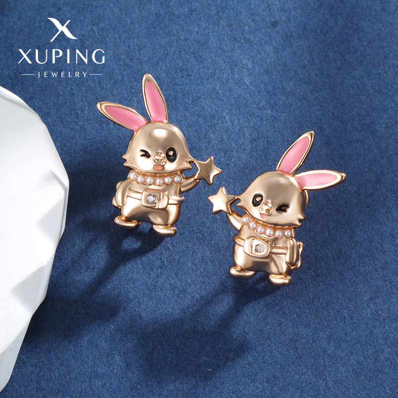 Joyería Xuping dibujos animados lindos aretes de conejo coreano de alta calidad sensación de aleación goteo de aceite imitación de perlas orejas de conejo para mujeres