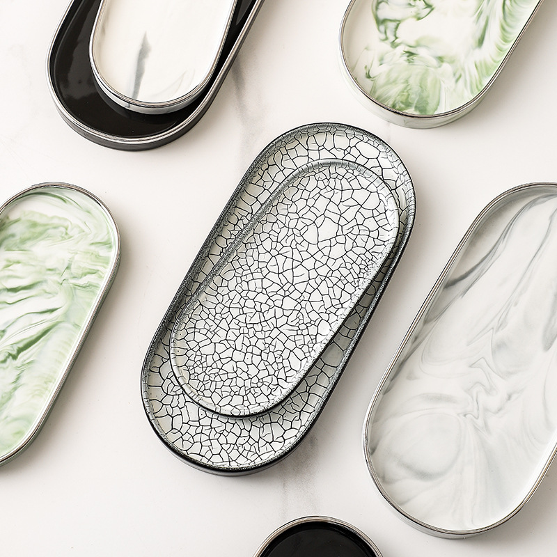 Luz de lujo placa ovalada de cerámica bandeja de baño hogar Baño encimera de almacenamiento bandeja decorativa suministros de hotel plato de cena