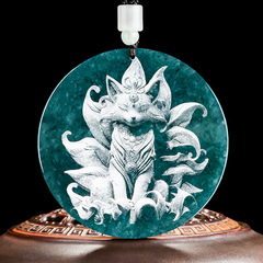 Natural A-grade Jadeite Blue Water Spirit Fox Shadow Carved Nine-Tailed Fox Ice Jade Pendant for Both Men and Women Jade Pendant