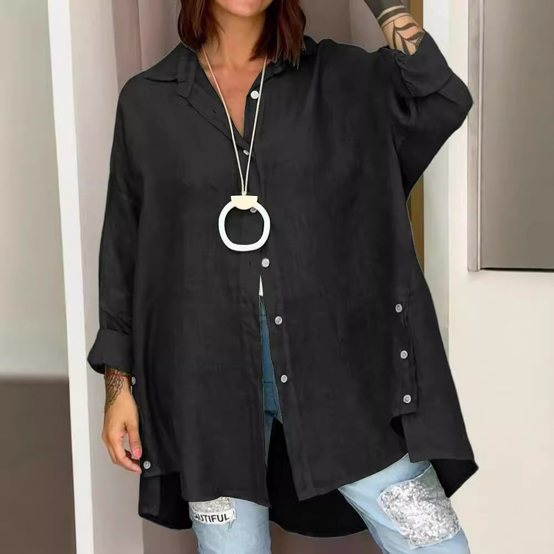 2024 Amazon Europe and America Cross-border Autumn and Winter Solid Color Lapel Loose Casual All-match Nine-point Sleeve Cotton and Linen Shirt for Women
