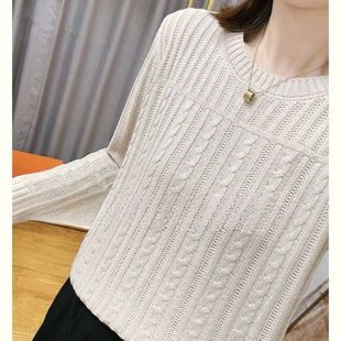 Round neck vintage twist winter sweater women's long sleeve design sense loose top pullover with other spandex