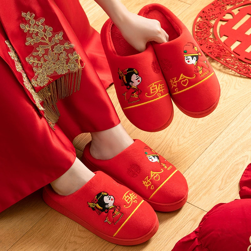 Свадебные тапочки на осень и зиму 2024 года, праздничные красные, пара для жениха и невесты, свадебные тапочки-халаты для молодоженов