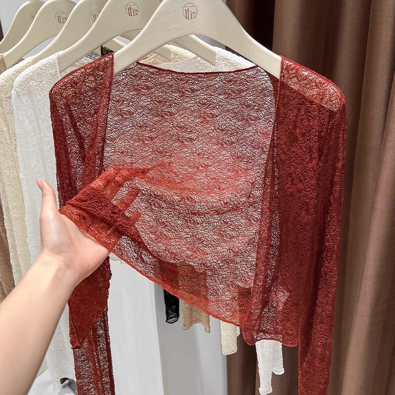 Ankola Red Lace Cardigan Women's High-end Sunscreen Outer Strap Skirt Thin Mesh Shawl Blouse Spring