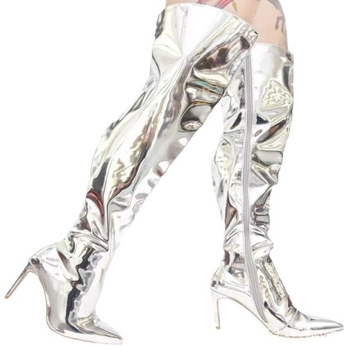 Club super high heels, fine heels, pointed toes, sexy mirror patent leather, women's over-the-knee boots, runway boots, large size High heels